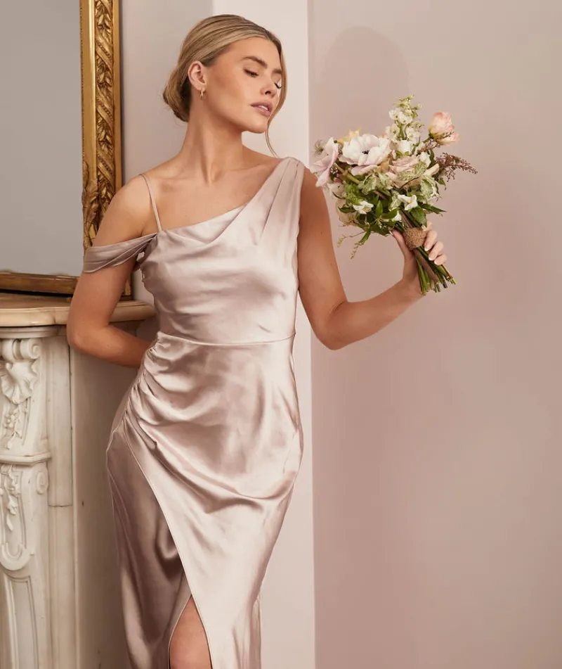 Sale Six Stories Asymmetrical Bardot Strap Satin Bridesmaid Dress - Oyster