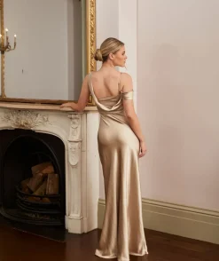 Six Stories Asymmetrical Bardot Strap Satin Bridesmaid Dress - Champagne