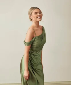 New Six Stories Asymmetrical Bardot Strap Satin Bridesmaid Dress - Moss Green