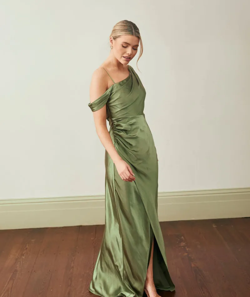 New Six Stories Asymmetrical Bardot Strap Satin Bridesmaid Dress - Moss Green