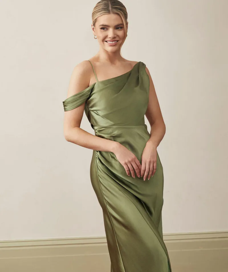 New Six Stories Asymmetrical Bardot Strap Satin Bridesmaid Dress - Moss Green