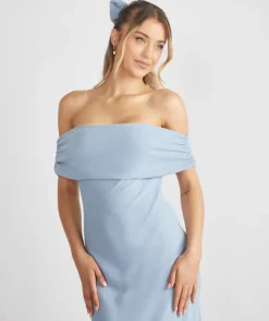 Best Six Stories Bardot Gathered Crepe Bridesmaid Dress - Pale Blue
