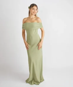 Sale Six Stories Bardot Gathered Crepe Bridesmaid Dress - Sage