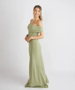 Sale Six Stories Bardot Gathered Crepe Bridesmaid Dress - Sage