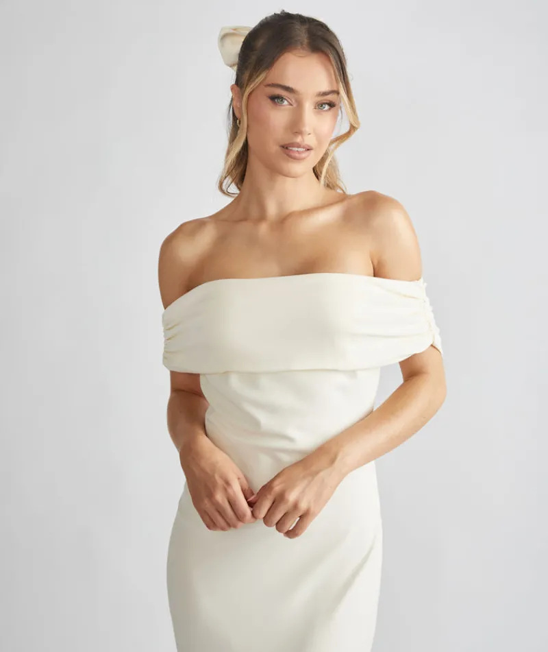 Clearance Six Stories Bardot Gathered Crepe Bridesmaid Dress - Almond