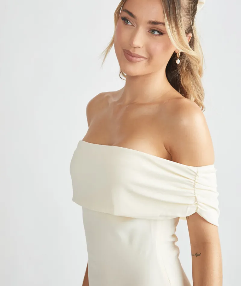 Clearance Six Stories Bardot Gathered Crepe Bridesmaid Dress - Almond