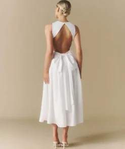 Sale Six Stories Bow Back Dropped Waist Midi Dress - White