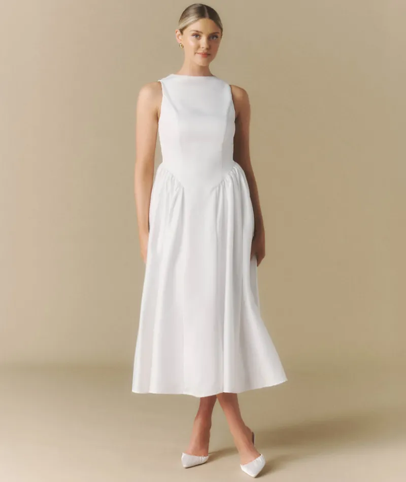 Sale Six Stories Bow Back Dropped Waist Midi Dress - White