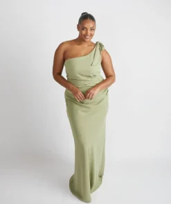 Six Stories Bow One Shoulder Gathered Crepe Bridesmaid Dress - Sage