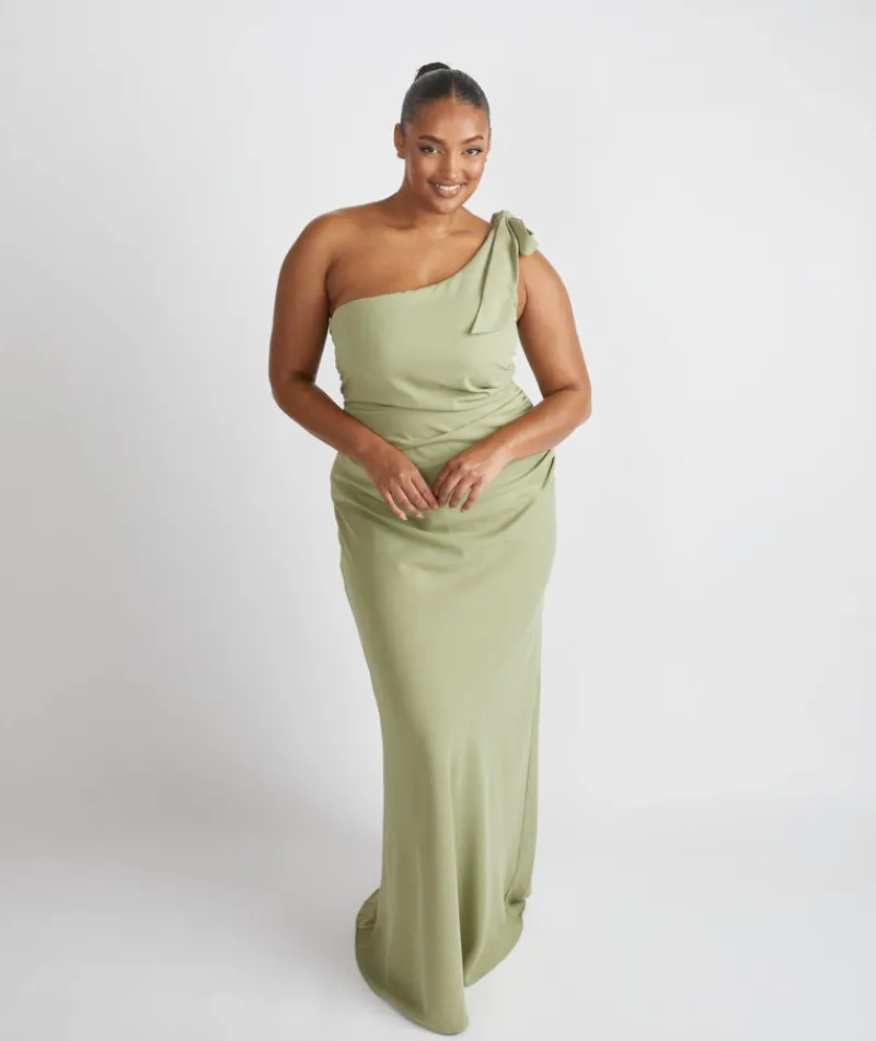 Six Stories Bow One Shoulder Gathered Crepe Bridesmaid Dress - Sage