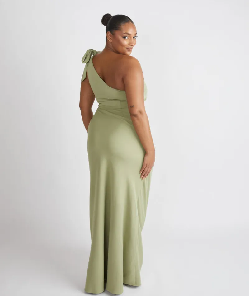 Six Stories Bow One Shoulder Gathered Crepe Bridesmaid Dress - Sage