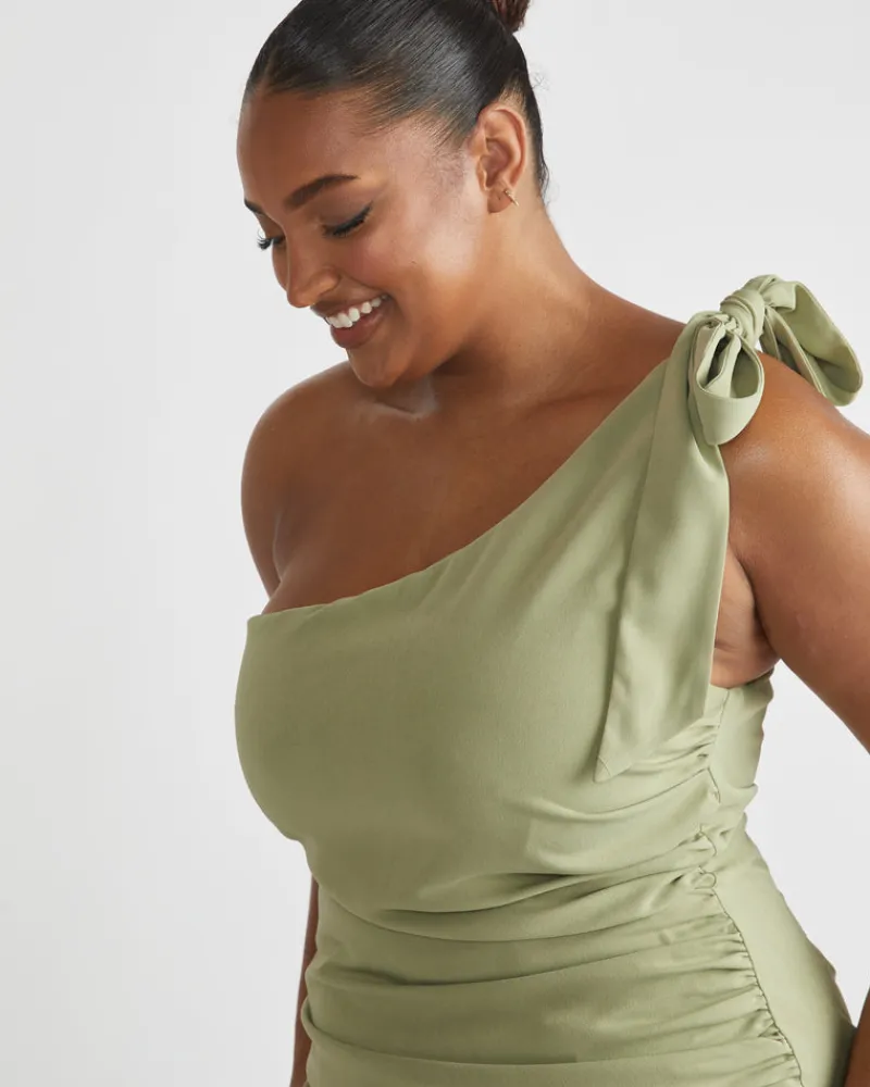 Six Stories Bow One Shoulder Gathered Crepe Bridesmaid Dress - Sage