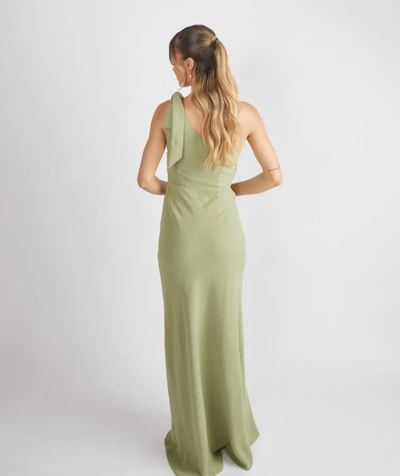 Six Stories Bow One Shoulder Gathered Crepe Bridesmaid Dress - Sage