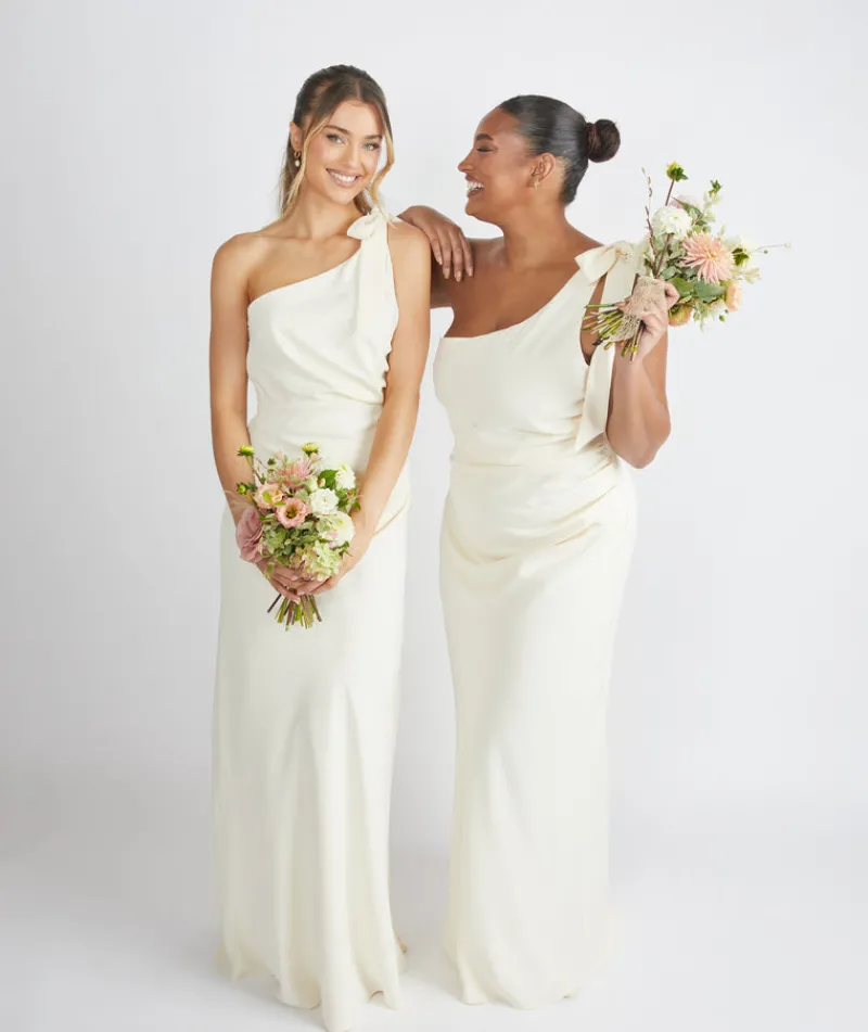 Hot Six Stories Bow One Shoulder Gathered Crepe Bridesmaid Dress - Almond