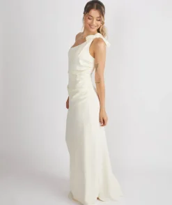 Hot Six Stories Bow One Shoulder Gathered Crepe Bridesmaid Dress - Almond