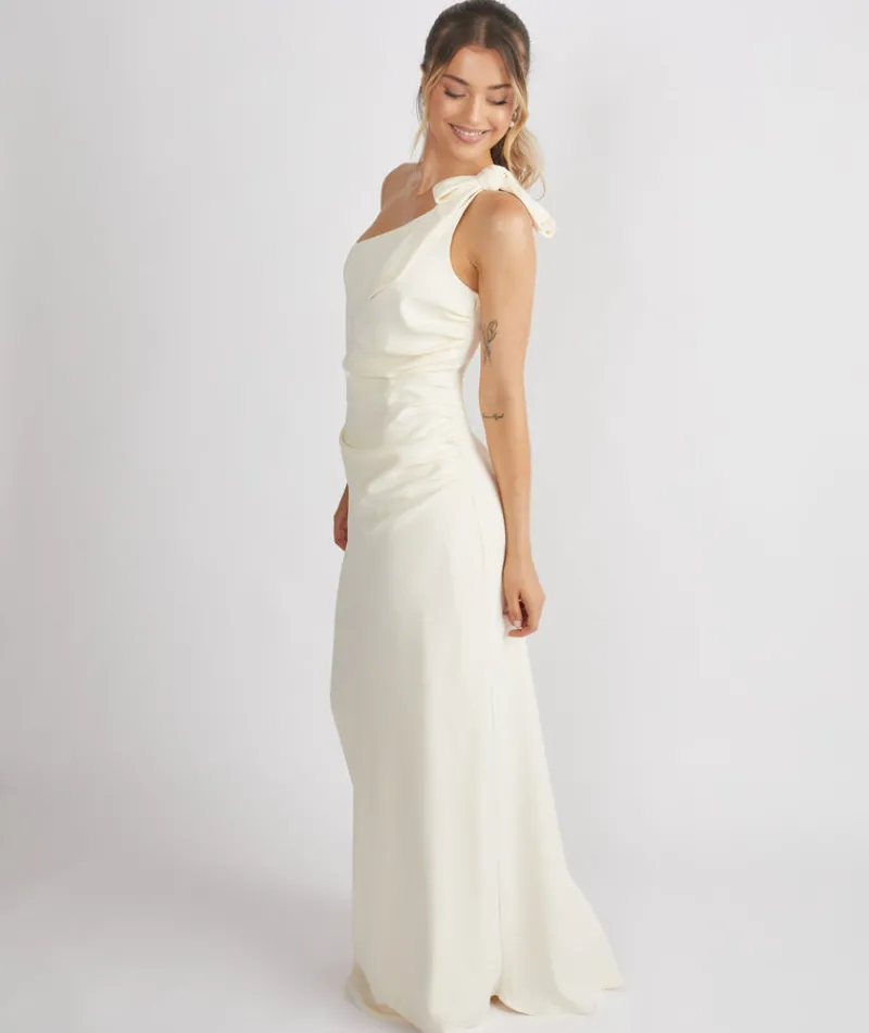 Hot Six Stories Bow One Shoulder Gathered Crepe Bridesmaid Dress - Almond