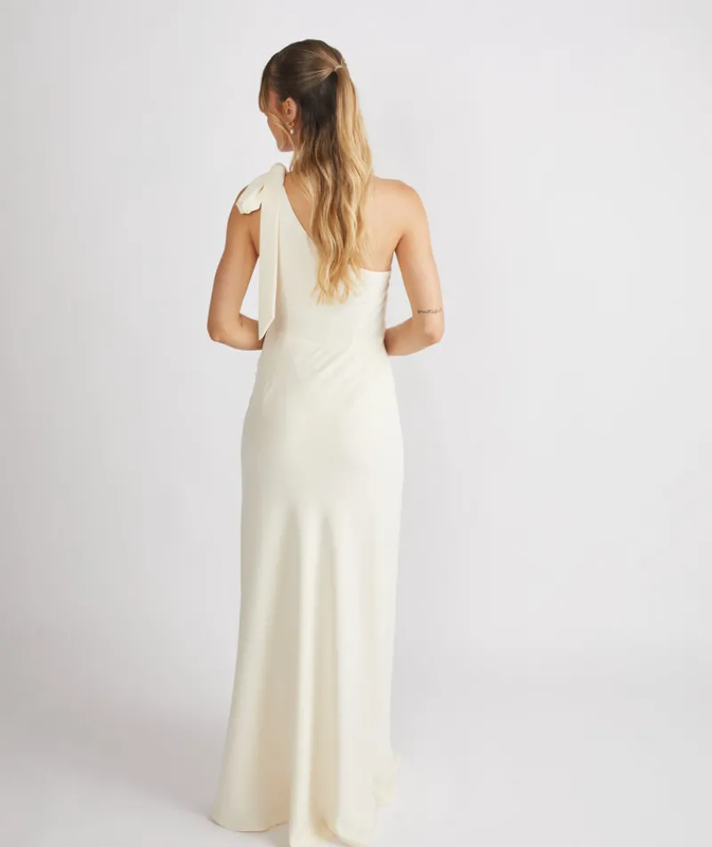 Hot Six Stories Bow One Shoulder Gathered Crepe Bridesmaid Dress - Almond