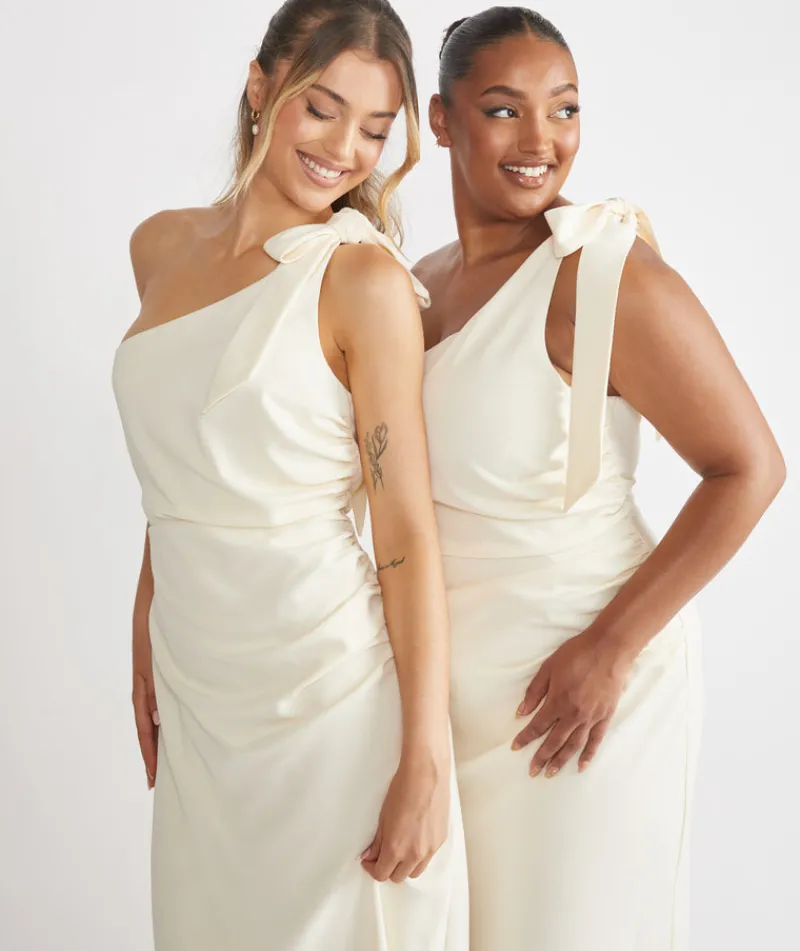 Hot Six Stories Bow One Shoulder Gathered Crepe Bridesmaid Dress - Almond