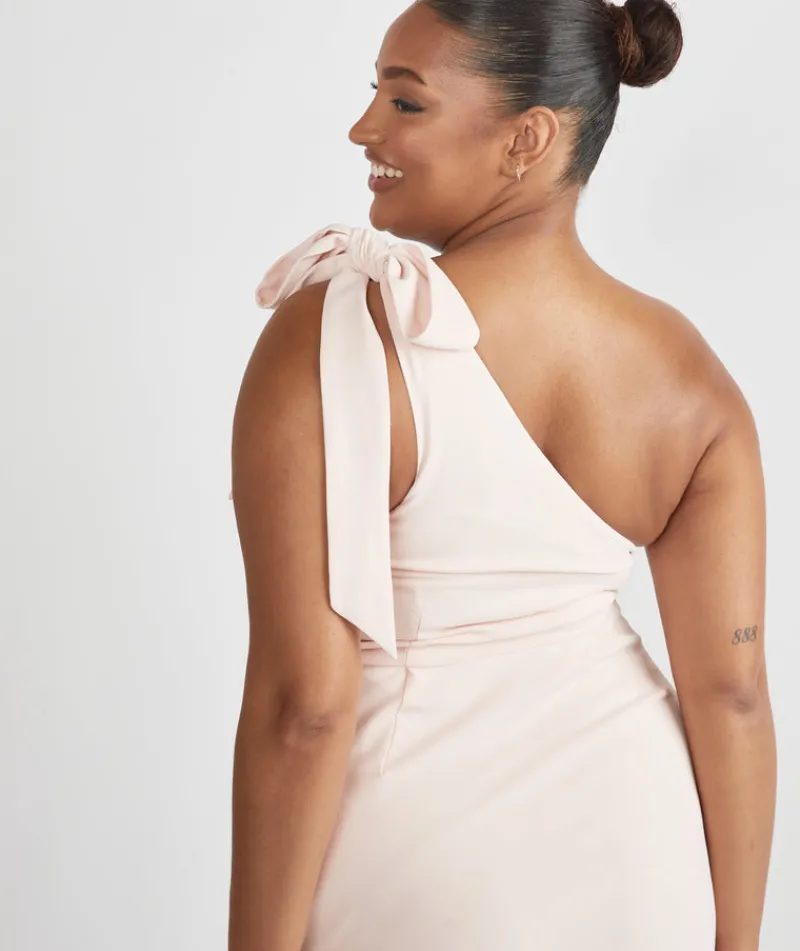 Hot Six Stories Bow One Shoulder Gathered Crepe Bridesmaid Dress - Blush