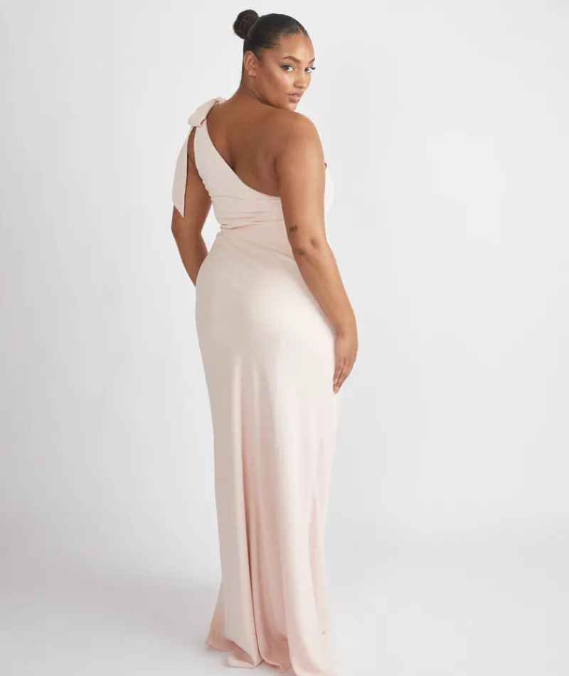 Hot Six Stories Bow One Shoulder Gathered Crepe Bridesmaid Dress - Blush