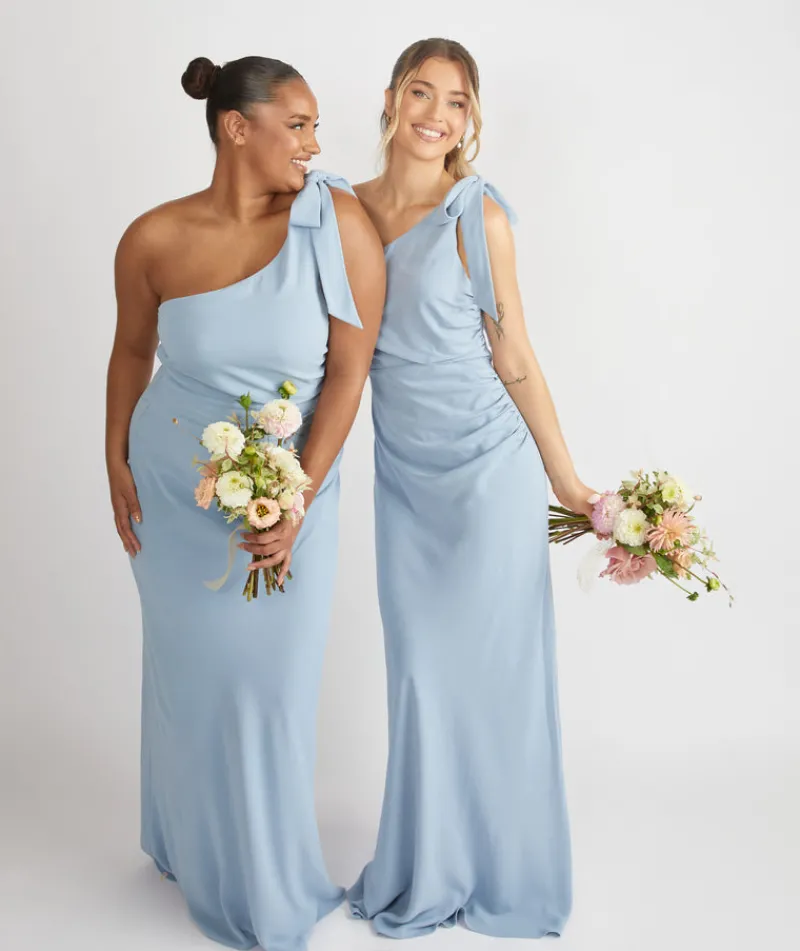 Sale Six Stories Bow One Shoulder Gathered Crepe Bridesmaid Dress - Pale Blue