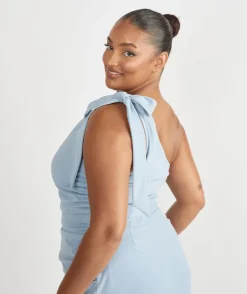 Sale Six Stories Bow One Shoulder Gathered Crepe Bridesmaid Dress - Pale Blue
