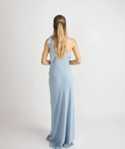 Sale Six Stories Bow One Shoulder Gathered Crepe Bridesmaid Dress - Pale Blue