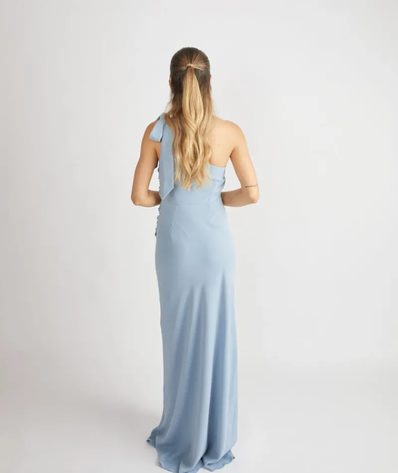 Sale Six Stories Bow One Shoulder Gathered Crepe Bridesmaid Dress - Pale Blue