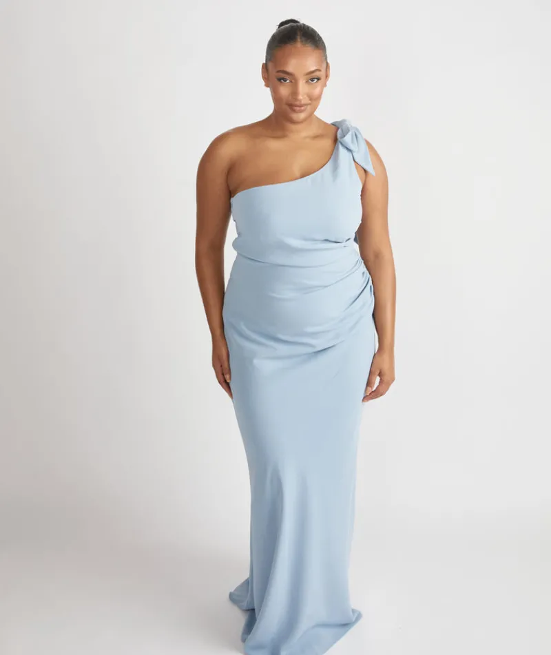 Sale Six Stories Bow One Shoulder Gathered Crepe Bridesmaid Dress - Pale Blue