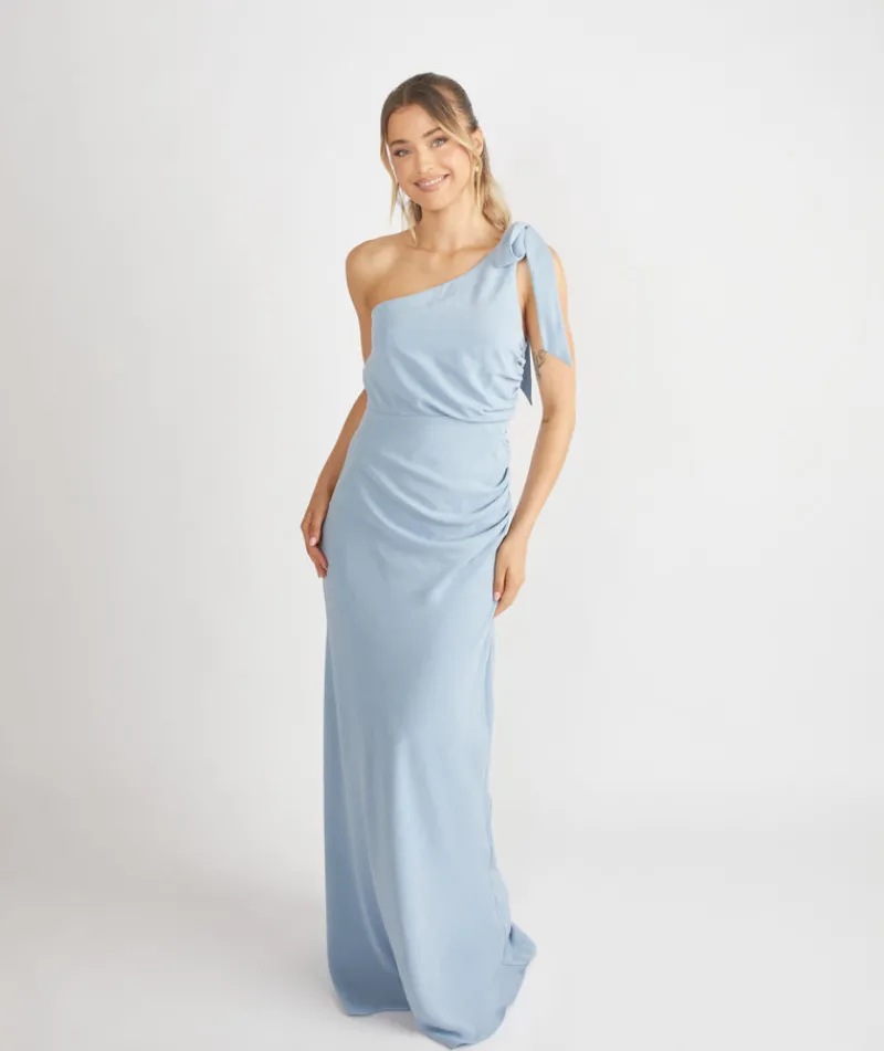 Sale Six Stories Bow One Shoulder Gathered Crepe Bridesmaid Dress - Pale Blue