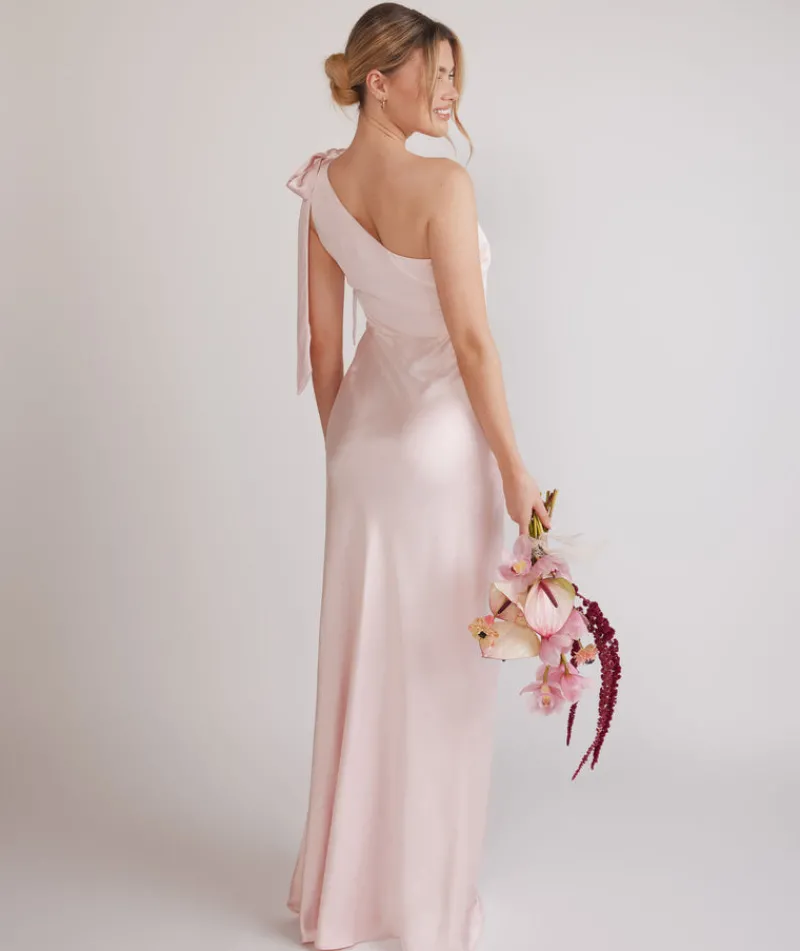 Hot Six Stories Bow One Shoulder Satin Bridesmaid Dress - Pale Pink