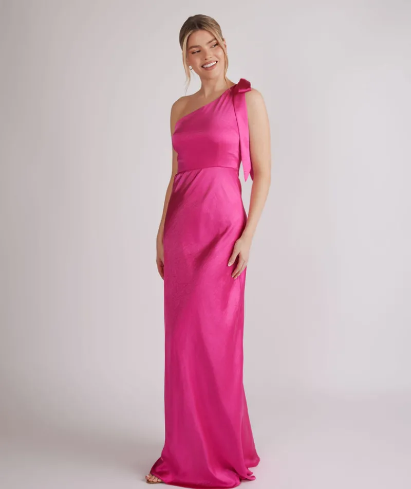 Outlet Six Stories Bow One Shoulder Satin Bridesmaid Dress - Fuchsia Pink