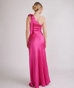 Outlet Six Stories Bow One Shoulder Satin Bridesmaid Dress - Fuchsia Pink