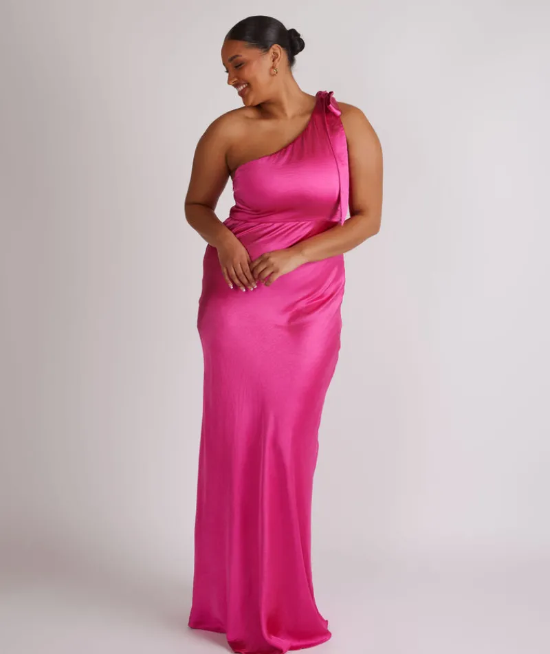 Outlet Six Stories Bow One Shoulder Satin Bridesmaid Dress - Fuchsia Pink