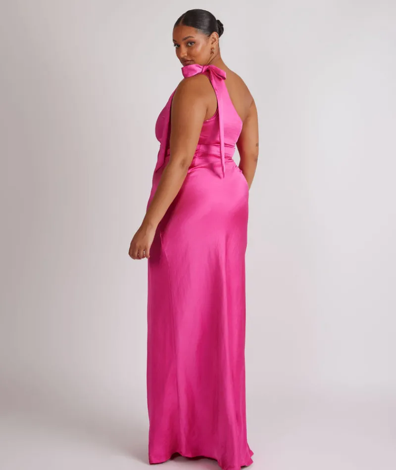 Outlet Six Stories Bow One Shoulder Satin Bridesmaid Dress - Fuchsia Pink