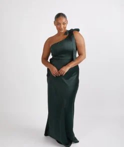 Best Six Stories Bow One Shoulder Satin Bridesmaid Dress - Emerald