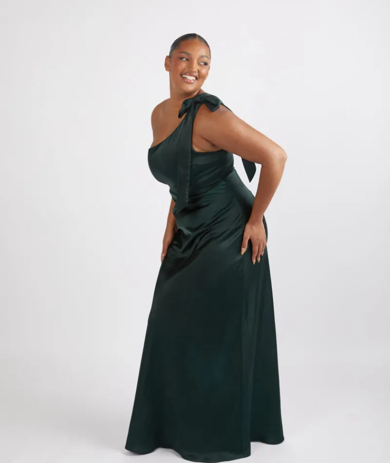 Best Six Stories Bow One Shoulder Satin Bridesmaid Dress - Emerald