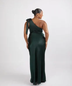 Best Six Stories Bow One Shoulder Satin Bridesmaid Dress - Emerald