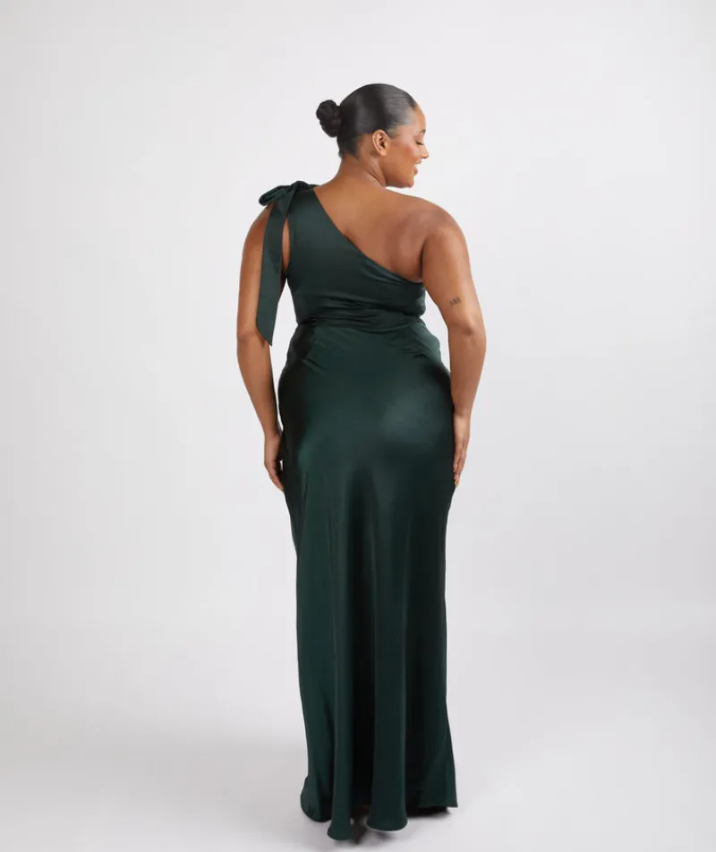 Best Six Stories Bow One Shoulder Satin Bridesmaid Dress - Emerald