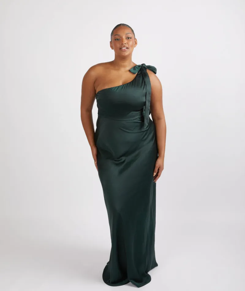 Best Six Stories Bow One Shoulder Satin Bridesmaid Dress - Emerald