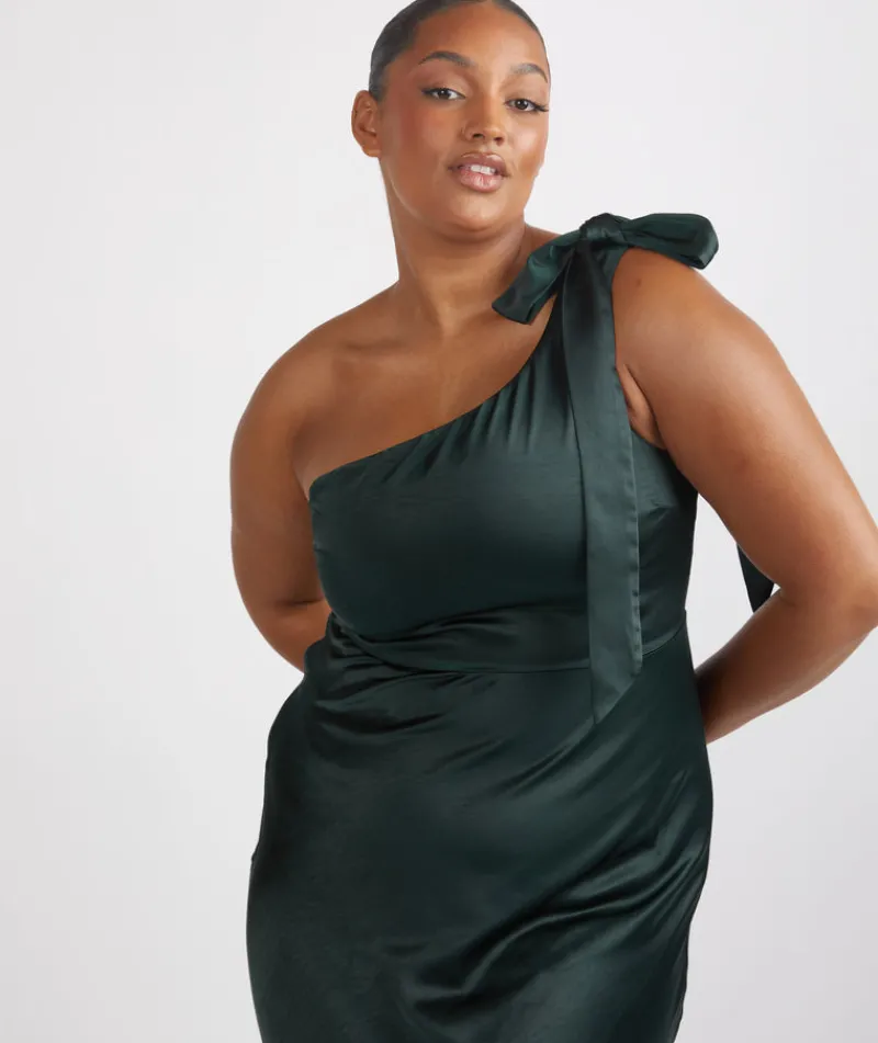 Best Six Stories Bow One Shoulder Satin Bridesmaid Dress - Emerald