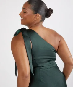 Best Six Stories Bow One Shoulder Satin Bridesmaid Dress - Emerald