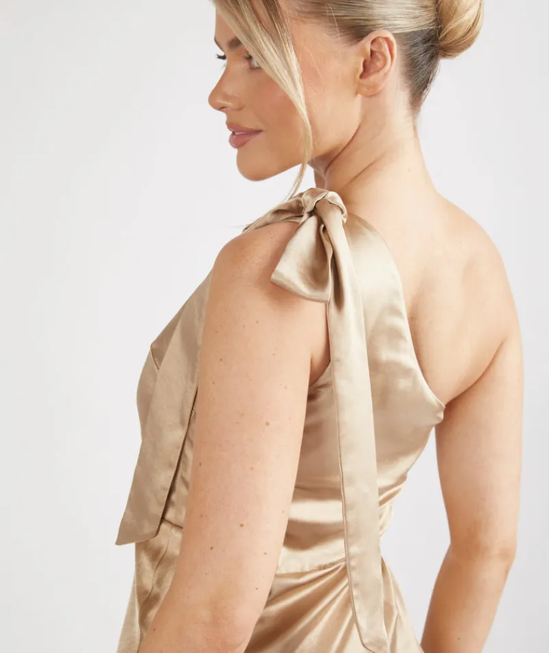 Clearance Six Stories Bow One Shoulder Satin Bridesmaid Dress - Champagne