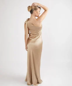 Clearance Six Stories Bow One Shoulder Satin Bridesmaid Dress - Champagne