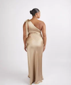 Clearance Six Stories Bow One Shoulder Satin Bridesmaid Dress - Champagne