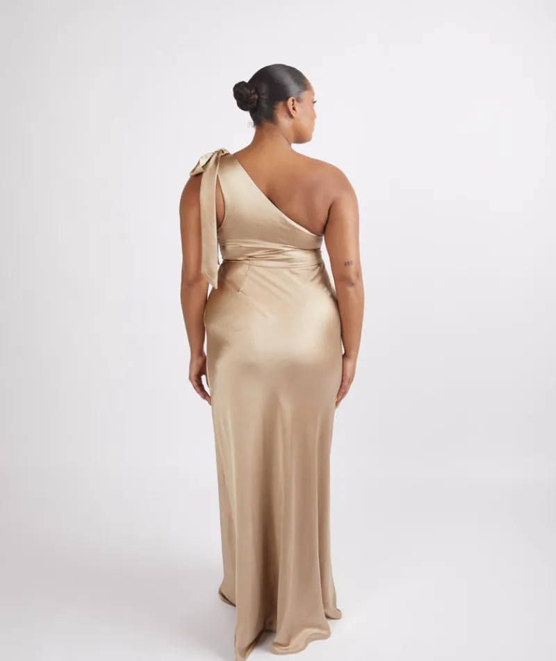 Clearance Six Stories Bow One Shoulder Satin Bridesmaid Dress - Champagne