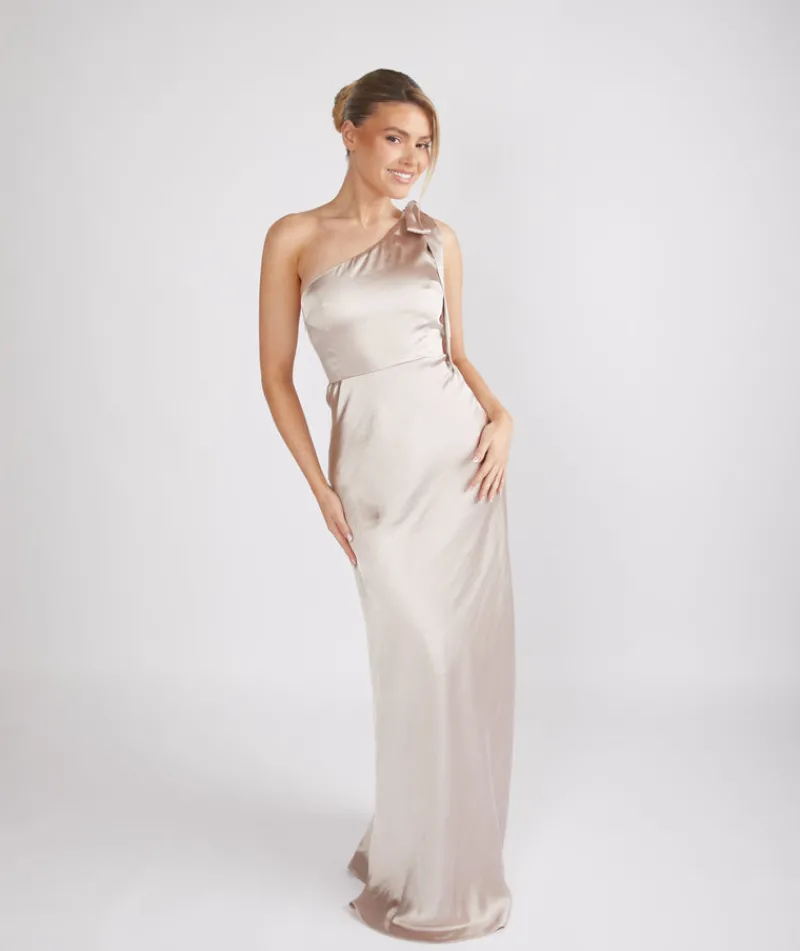 Six Stories Bow One Shoulder Satin Bridesmaid Dress - Oyster