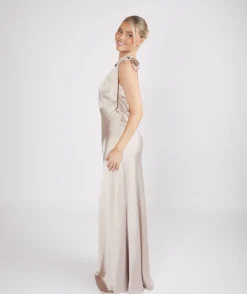 Six Stories Bow One Shoulder Satin Bridesmaid Dress - Oyster