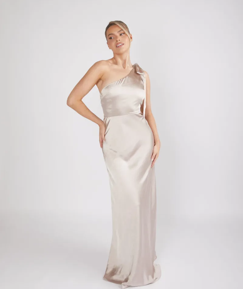 Six Stories Bow One Shoulder Satin Bridesmaid Dress - Oyster