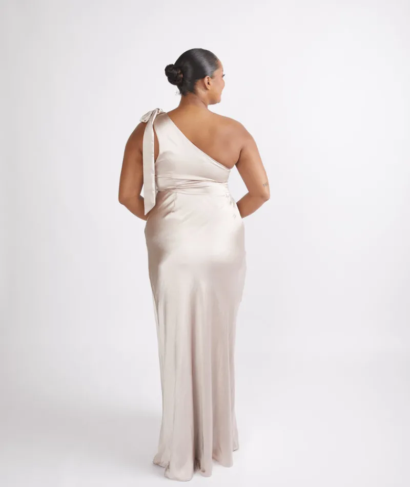 Six Stories Bow One Shoulder Satin Bridesmaid Dress - Oyster